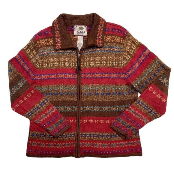 Vintage TIARA INTERNATIONAL Women's Zip Sweater Large Nordic Tribal Red Multi - Picture 12 of 14